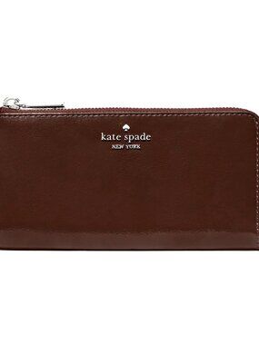 New Kate Spade Shiny Patent Leather Large Slim L-zip Wallet Hot Fudge